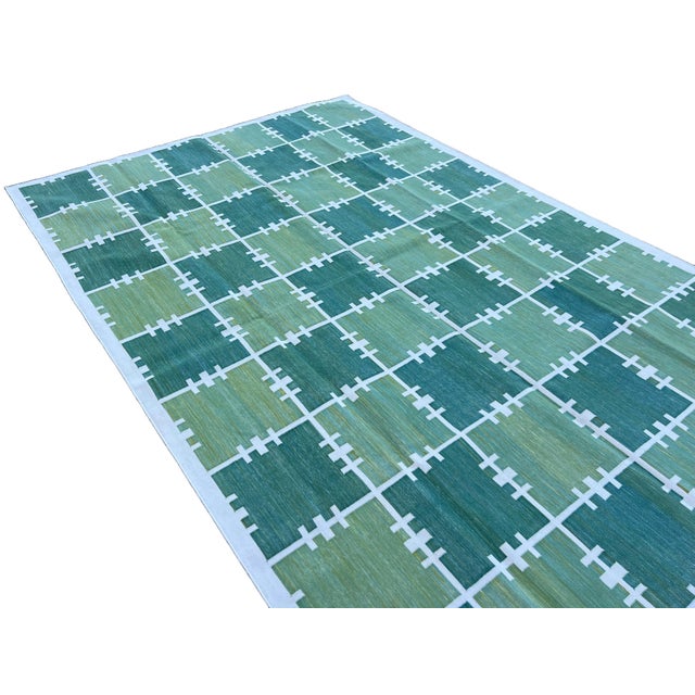 Forest Green Handmade Cotton Area Rug, Natural Vegetable Dyed, Green and Cream Checked Dhurrie- 9'x12' For Sale - Image 8 of 10