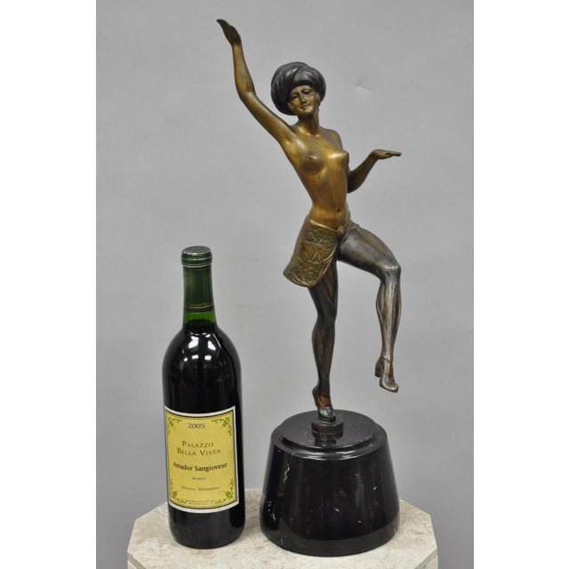 Vintage Reproduction French Art Deco Style Bronze Flapper Dancer Figure Statue on Black Marble Base. Stamped "Made in...
