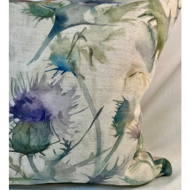 Farmhouse Large Bolster Pillow Decorated With a Muted Water Color Like Pink and Blue Thistle Floral Pattern - Made in U K For Sale - Image 3 of 10