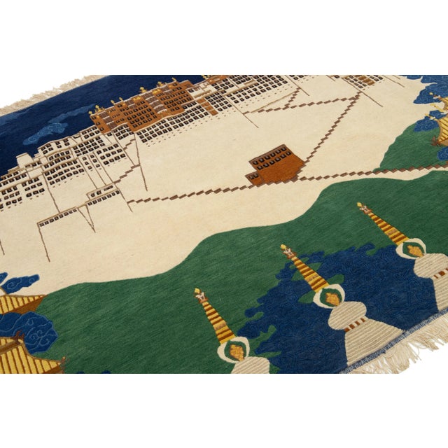 Pictorial Designed Vintage Nepalese Square Wool Rug in Beige and Blue For Sale In New York - Image 6 of 9