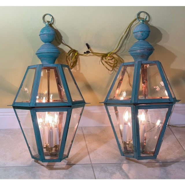 Exquisite Pair of Vintage Solid Copper & Brass Verdigris Lanterns For Sale - Image 4 of 14