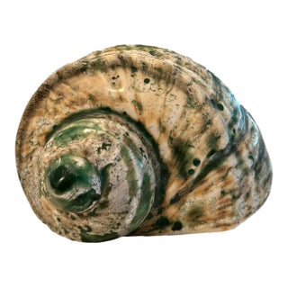 Vintage Large Hand-Painted Ceramic Snail Shell Sculpture With Coastal Green Marbled Glaze For Sale