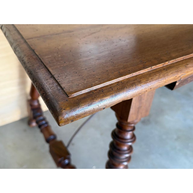 Brown 19th Spanish Sturdy Side Table with Carved Turned Legs and Double Stretcher For Sale - Image 8 of 18