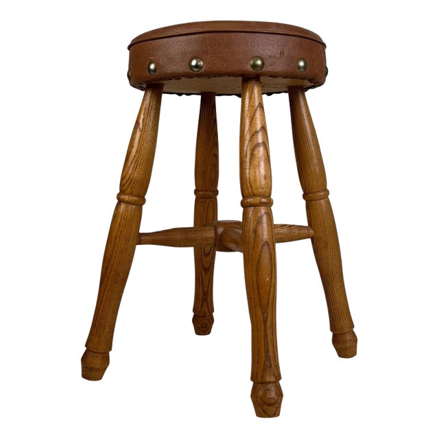 Antique Oak Upholstered Stool, 1800s For Sale