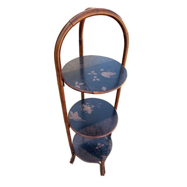 1970s Costal Three Tiered Dark Stained Rattan Shelf w East Asian Motif Tops For Sale - Image 9 of 11