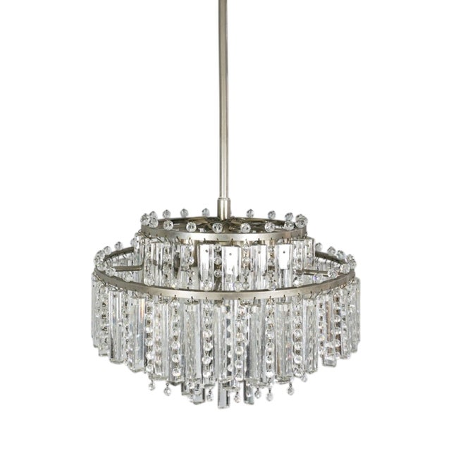 Vintage Chandelier with Floodlight Prisms and Rhinestone Beads Nickel, 1960s For Sale