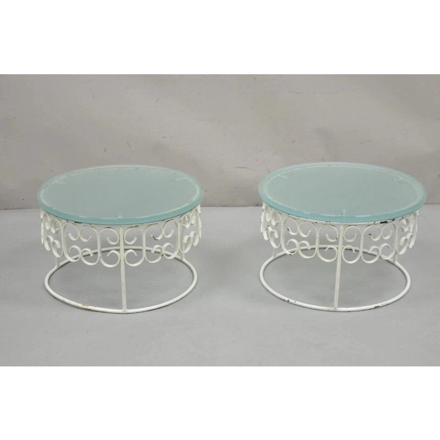 Vintage Arthur Umanoff Wrought Iron Scroll Low Round Glass Top Side Table - Pair For Sale - Image 12 of 12