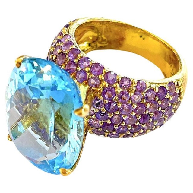 Bochic "Orient" Vintage Blue Topaz & Pink Sapphire Cocktail Ring 18K Gold & Silver, Size 7 For Sale - Image 9 of 18