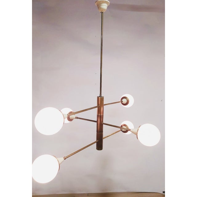Metal Mid-Century Brass Chandelier with 6 Opaline Spheres, Italy, 1960s For Sale - Image 7 of 14