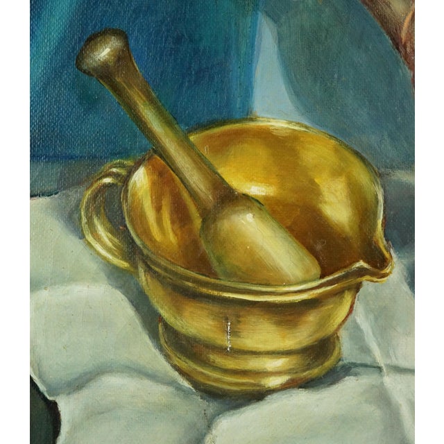 1970s Giovanni Zancolo, Post Impressionist Still Life with Copper Pourer and Brass Mortar and Pestle, 1970s, Oil on Canvas For Sale - Image 5 of 12