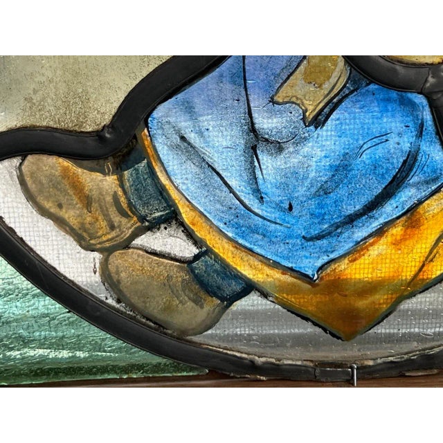Blue Antique French Hand Painted Stained Glass Window With 2 Signatures For Sale - Image 8 of 12