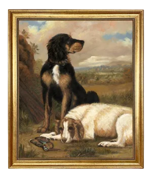 "Dogs with Woodcock" Contemporary Reproduction Print on Canvas, Framed 23-1/2" X 27-1/2"