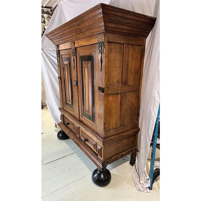 19th Century Monumental Dutch Baroque Revival Cushion Cupboard (Kussenkast) Kas Cabinet on Ebonized Ball Feet For Sale - Image 4 of 10