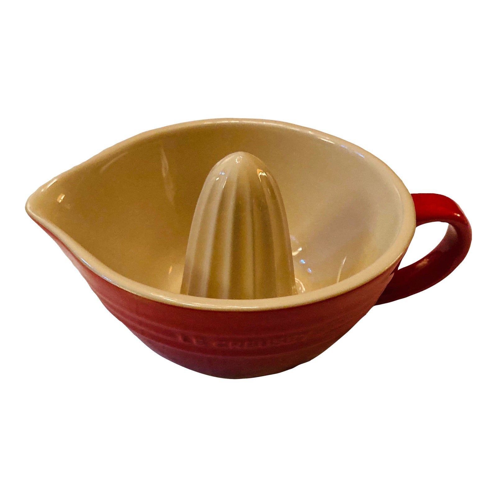 2000s Le Creuset Stoneware Citrus Juicer in Cerise, Cherry With Tan