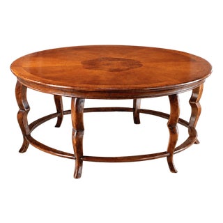 Italian Country French Solid Walnut Round Coffee Table With Inlaid Medallion For Sale