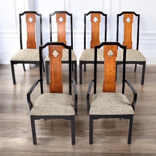 6 Thomasville Embassy Asian Modern Chinoiserie Dining Chairs Gray Seats For Sale - Image 11 of 16
