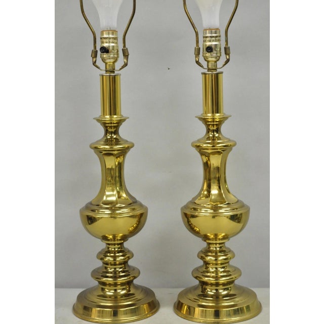 Hollywood Regency Vintage Styled after Stiffel Hollywood Regency Brass Column Gold Table Lamps - A Pair For Sale - Image 3 of 12