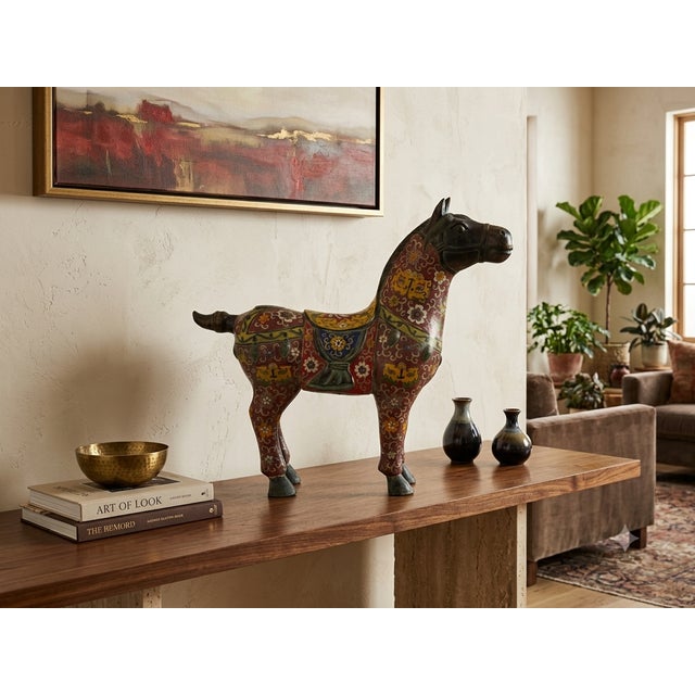 Vintage Oriental Chinese Reddish Maroon Cloisonne Metal Horse Figure For Sale - Image 10 of 14