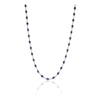 Certified 14k White Gold Natural 10.52ct Blue Sapphire & Diamond Tennis Necklace For Sale