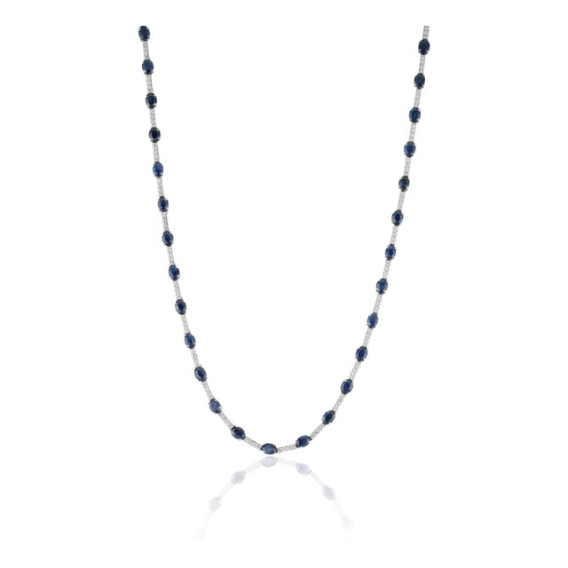 Certified 14k White Gold Natural 10.52ct Blue Sapphire & Diamond Tennis Necklace For Sale