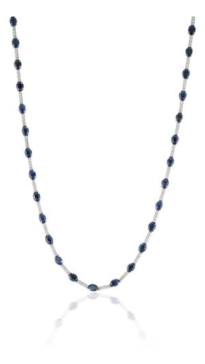 Certified 14k White Gold Natural 10.52ct Blue Sapphire & Diamond Tennis Necklace