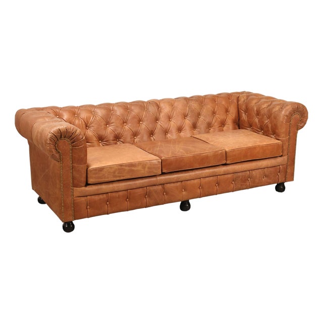 Chesterfield Style 7 Foot Distressed Brown Tufted Leather Sofa For Sale