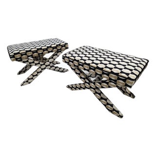 Mid Century Modern Designer X Base Ottomans/Benches Newly Reupholstered- Pair For Sale