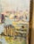 Charming antique coastal oil painting on canvas depicting a bustling harbor with colorful sailboats, shimmering blue...
