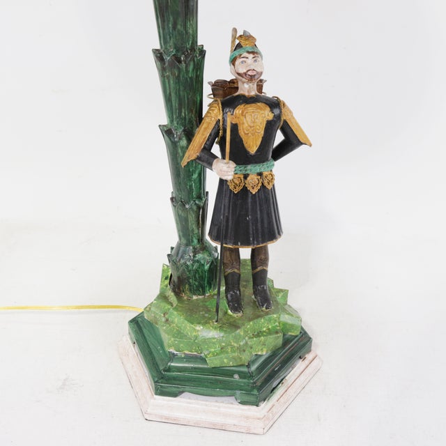 A Unique Pair of Handmade Metal Antique Lamps, Warrior and Palm Tree Lamps For Sale - Image 11 of 12