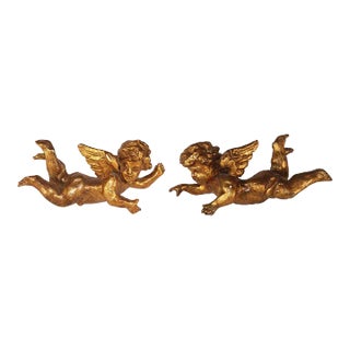 Pair 1940’s Gold Guilt Wod Carved Italian Winged Cherubs For Sale