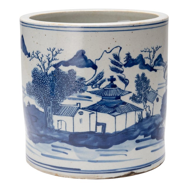 Blue and White Brush Pot with Shan Shui Landscape For Sale