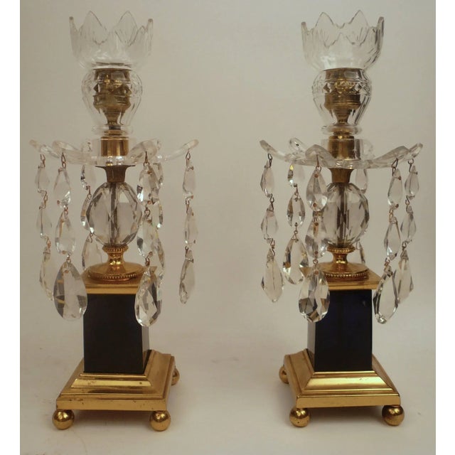 George III Style Gilt Bronze Cobalt Blue Glass and Crystal Candlesticks - A Pair For Sale In Pittsburgh - Image 6 of 11