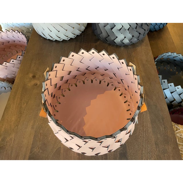Modern Medium Braided Basket Pink With Handles For Sale - Image 3 of 5
