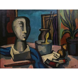 Ev Grüger, Still Life with Sculpture, 1956, Oil on Canvas For Sale