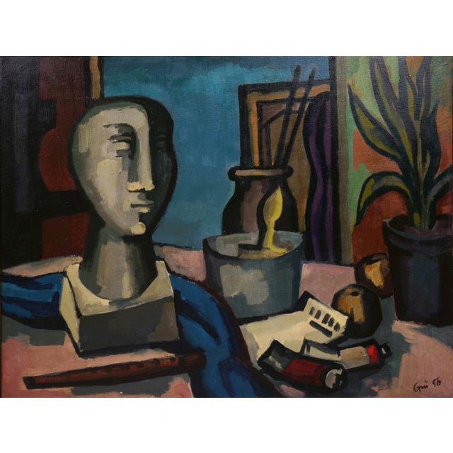 Ev Grüger, Still Life with Sculpture, 1956, Oil on Canvas For Sale