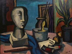 Ev Grüger, Still Life with Sculpture, 1956, Oil on Canvas