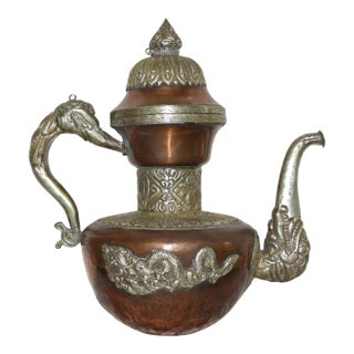 Antique Tibetan Copper With Silver Ornamentation Teapot For Sale