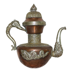 Antique Tibetan Copper With Silver Ornamentation Teapot