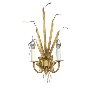 Spanish Gilt Ferrocolor Tole Wheat Sheaf Wall Sconces, 1950, Set of 2 For Sale