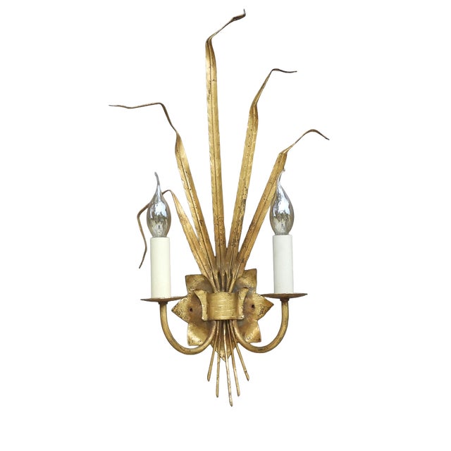Spanish Gilt Ferrocolor Tole Wheat Sheaf Wall Sconces, 1950, Set of 2 For Sale
