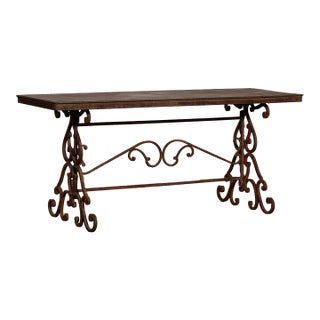 Regency Scroll Iron Bench, Coffee Table, Faux Leather Trompe-l'Oeil Top, 1960s For Sale