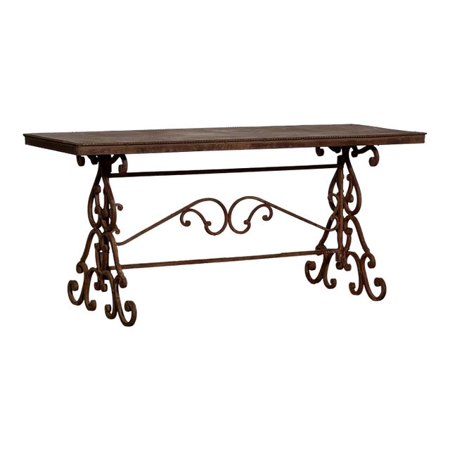 Regency Scroll Iron Bench, Coffee Table, Faux Leather Trompe-l'Oeil Top, 1960s For Sale