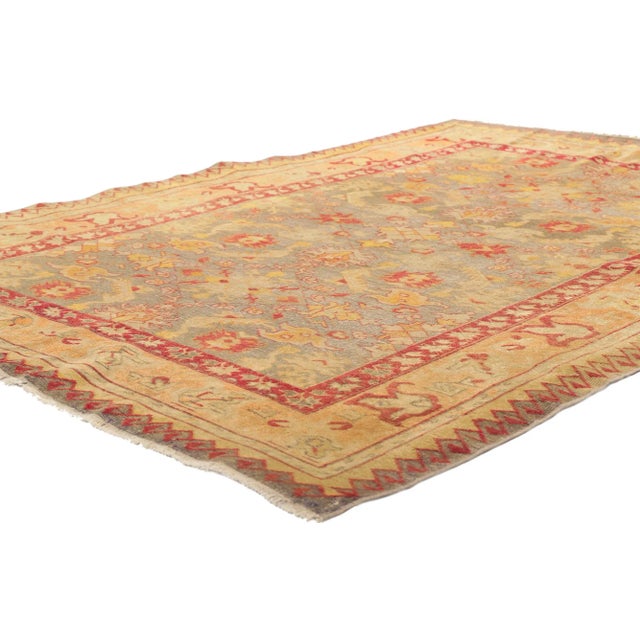 53722 Distressed Vintage Turkish Oushak Rug, 04'06 x 06'00. Rustic sensibility meets weathered finesse in this hand...