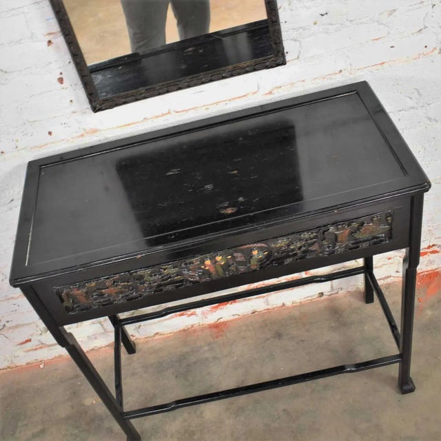 Wood Early 20th Century Antique Lacquered Asian Console Table & Mirror with Hand Carved Lacquer Figures & Florals - a Pair For Sale - Image 7 of 13