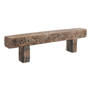 Indian Carved Front Rustic Teakwood Bench For Sale