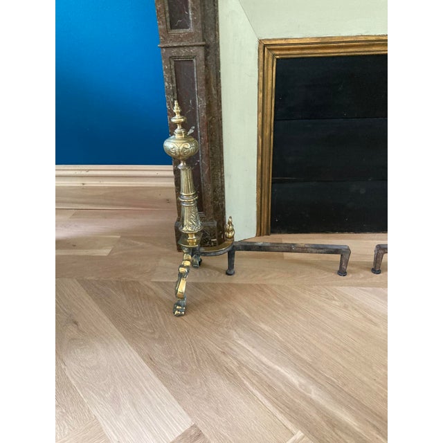 Antique Pair French Neoclassical Brass Andirons — Fluted Column, Lion Paw Feet For Sale In New York - Image 6 of 12