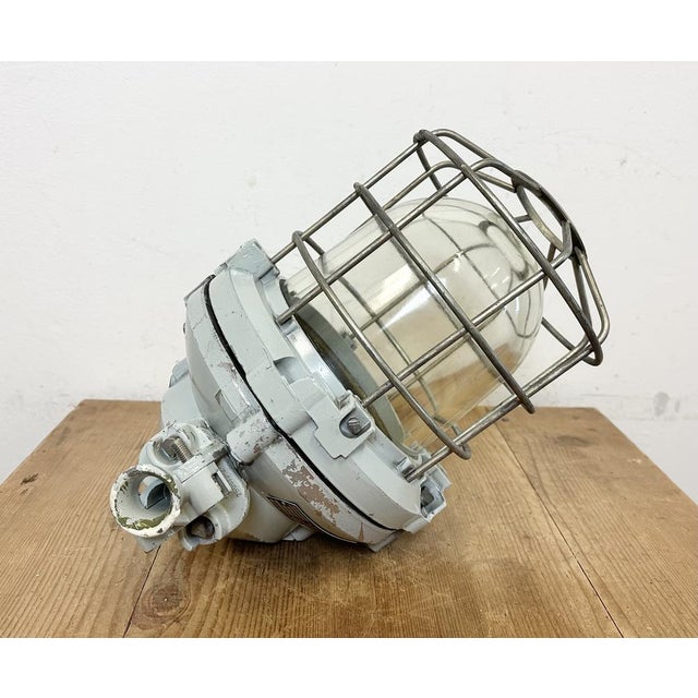 Industrial Grey Bunker Ceiling Light with Iron Cage from Elektrosvit, 1970s For Sale - Image 11 of 16