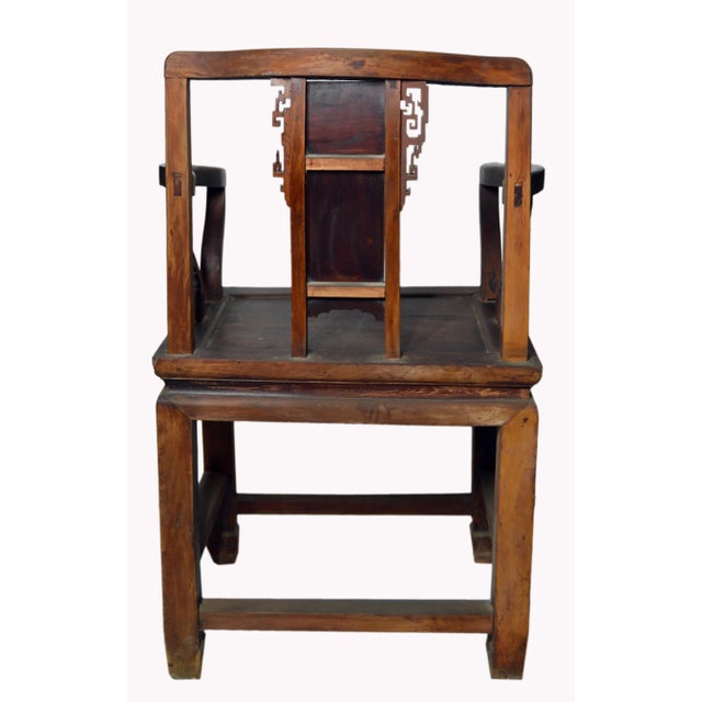 Chocolate Chinese Yumu Official's Chair With Hand-Carved Splat and Fretwork For Sale - Image 8 of 9