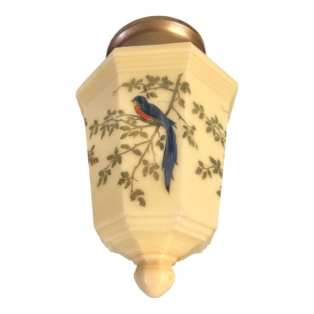 Circa 1920s Painted Birds and Botanical Motif on Custard Glass Shade With Modern Flush Mount For Sale