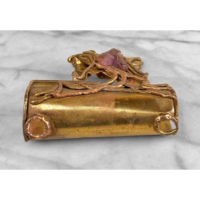 Vintage Brazilian Brutalist Brass & Amethyst Hand Bag Purse Clasp Topper For Sale - Image 6 of 9